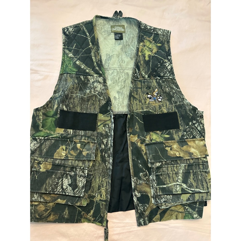 Quail Unlimited Mossy Oak Camo Hunting Vest Mens XL Game Bag Shell Loops Zip